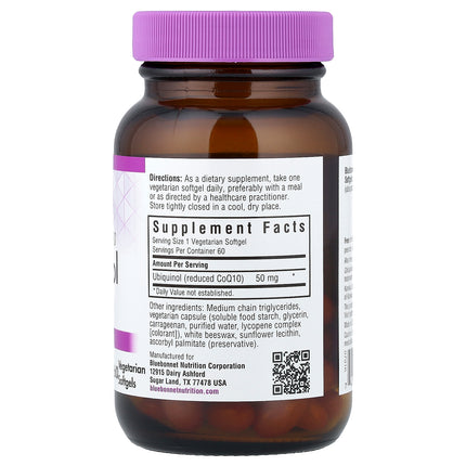Bluebonnet CellularActive vegetarian ubiquinol 50 mg bottle showing supplement facts and ingredients
