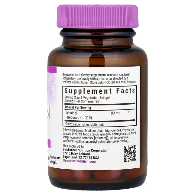 Bluebonnet ubiquinol 100 mg 30 count bottle showing supplement facts and ingredients