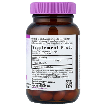 Bluebonnet ubiquinol 100 mg 60 count bottle showing supplement facts and ingredients