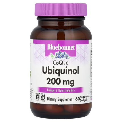 Bluebonnet Nutrition CoQ10 Ubiquinol 200 mg vegetarian softgels bottle front, 60 count