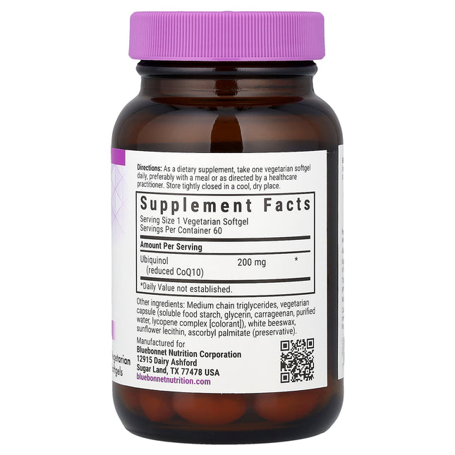Bluebonnet ubiquinol 200 mg vegetarian softgels bottle showing supplement facts and ingredients