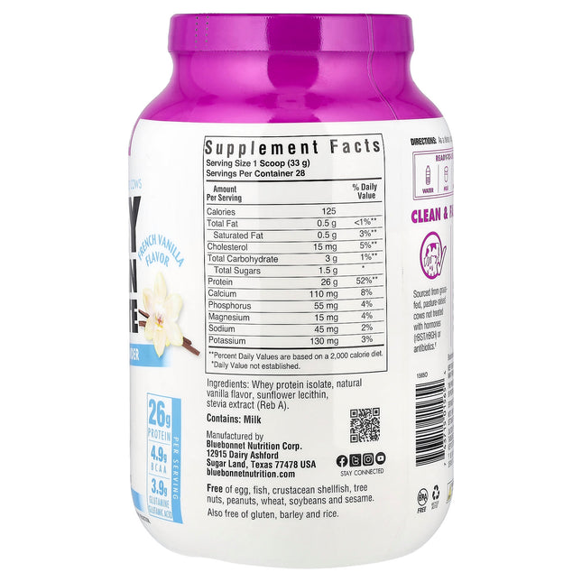 Bluebonnet Nutrition Whey Protein Isolate French Vanilla 924g - Supplement Facts and Ingredients