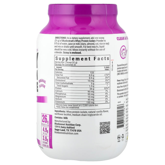 Bluebonnet Nutrition Whey Protein Isolate Original 992g - Supplement Facts and Ingredients