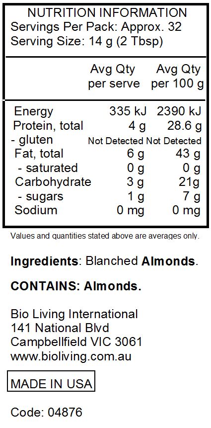 Nutrition Information for Almond Flour Blanched Gluten Free 453g