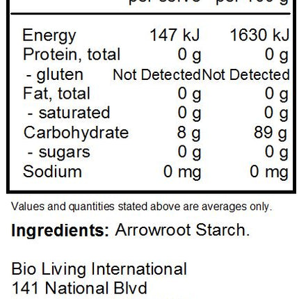 Nutrition Information for Arrowroot Starch 454g