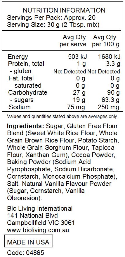 Nutrition Information for Gluten Free Brownie Mix 595g