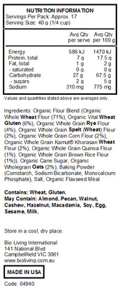 Nutrition Information for Organic Multi-Grain Pancake Mix 680g