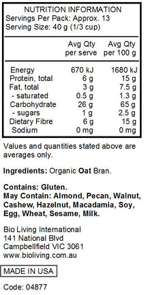 Nutrition Information for Organic Oat Bran Cereal 510g