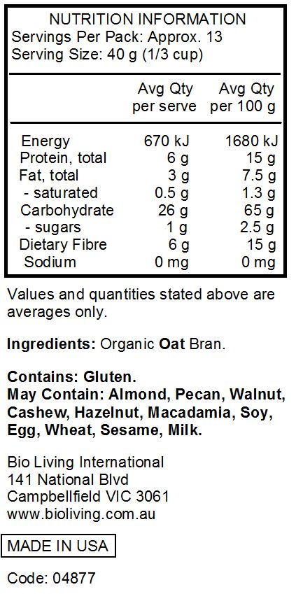 Nutrition Information for Organic Oat Bran Cereal 510g
