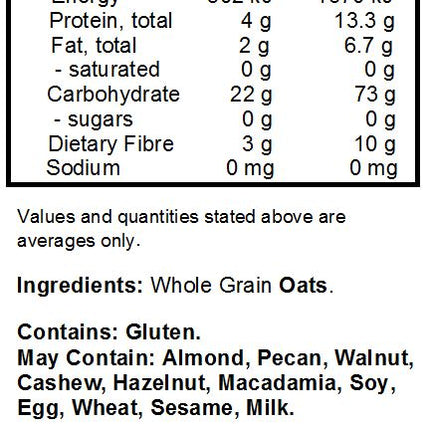 Nutrition Information for Wholegrain Oat Flour 567g