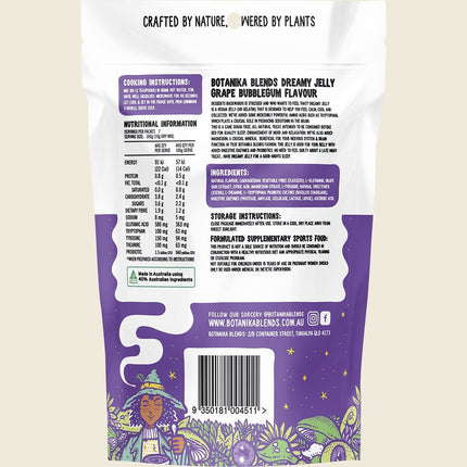 Botanika Blends Dreamy Jelly Grape Bubblegum 70g pouch, back label with ingredients and directions