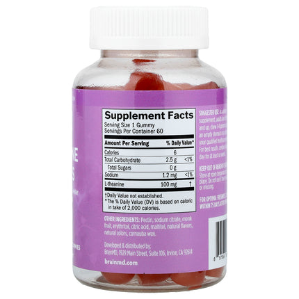 BrainMD L-theanine Gummies, Berry, 60 Vegan Gummies (100 mg per Gummy) - supplement facts and ingredients label