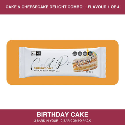 Fibre Boost Birthday Cake cold pressed protein bar, one of four flavours in the Cake & Cheesecake Delight combo