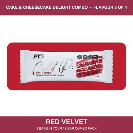 Fibre Boost Red Velvet cold pressed protein bar, one of four flavours in the Cake & Cheesecake Delight combo
