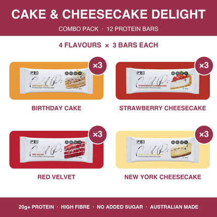 Fibre Boost Cake & Cheesecake Delight dessert protein bar combo pack of 12: Birthday Cake, Strawberry Cheesecake, Red Velvet and New York Cheesecake bars