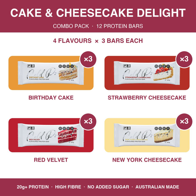 Fibre Boost Cake & Cheesecake Delight dessert protein bar combo pack of 12: Birthday Cake, Strawberry Cheesecake, Red Velvet and New York Cheesecake bars
