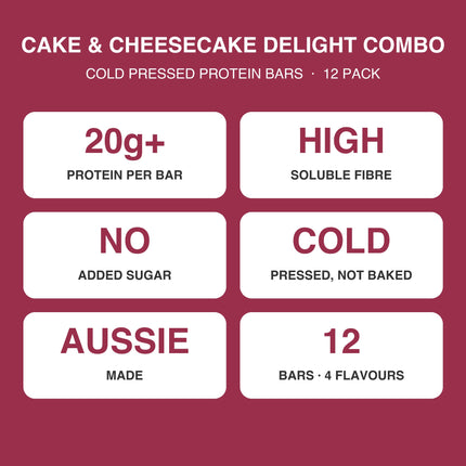 Cake & Cheesecake Delight combo benefits: 20g+ protein per bar, high soluble fibre, no added sugar, cold pressed, Australian made, 12 bars
