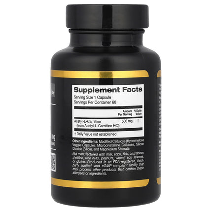 California Gold Nutrition Acetyl-L-Carnitine, 500 mg 60 Veggie Capsules - back label with supplement facts and ingredients
