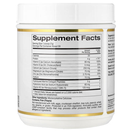 California Gold Nutrition Bone Food with Collagen Peptides, Hyaluronic Acid, plus Vitamins & Minerals - Back label with supplement facts and ingredients