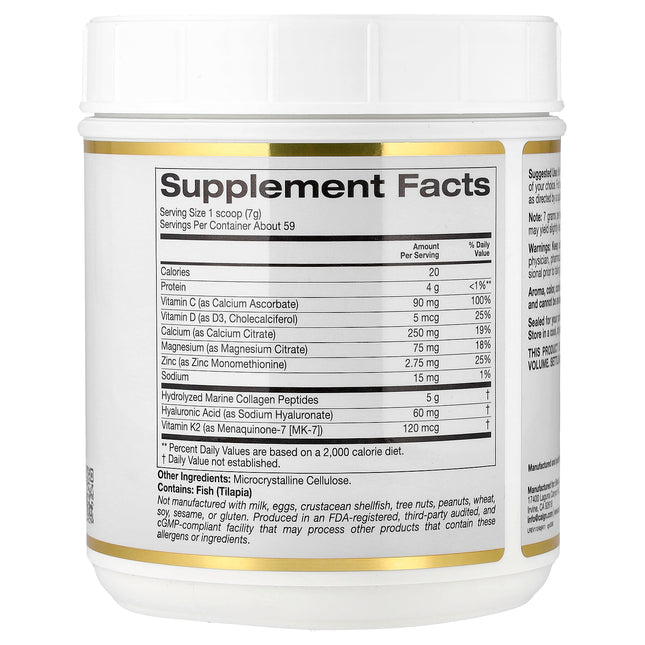 California Gold Nutrition Bone Food with Collagen Peptides, Hyaluronic Acid, plus Vitamins & Minerals - Back label with supplement facts and ingredients