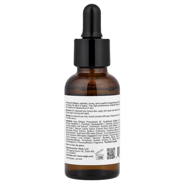 California Gold Nutrition Collagen, Peptides, and Honey Serum - Back label with ingredients and directions
