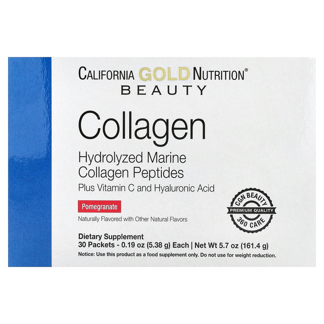 California Gold Nutrition Collagen Peptides Plus Vitamin C & Hyaluronic Acid, Pomegranate - Front of pack