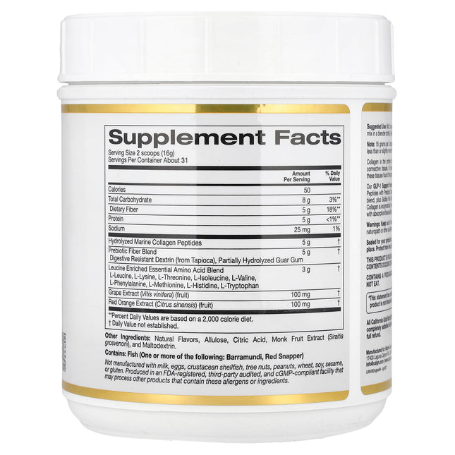 California Gold Nutrition GLP-1 Support Formula with Collagen Peptides, Prebiotic Fibre & Essential Amino Acids, Watermelon Yuzu - Back label with supplement facts and ingredients
