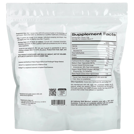 California Gold Nutrition Hydrolysed Collagen Peptides with Turmeric, MCT, and Ginger - Back label with supplement facts and ingredients
