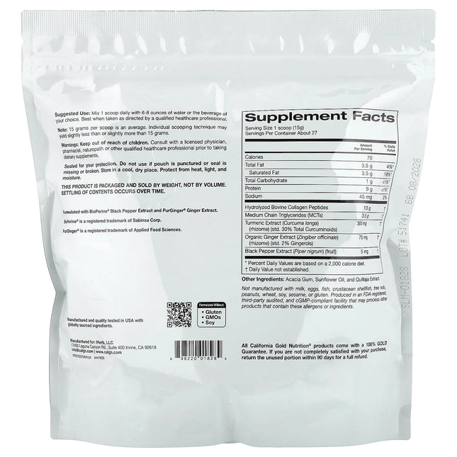 California Gold Nutrition Hydrolysed Collagen Peptides with Turmeric, MCT, and Ginger - Back label with supplement facts and ingredients
