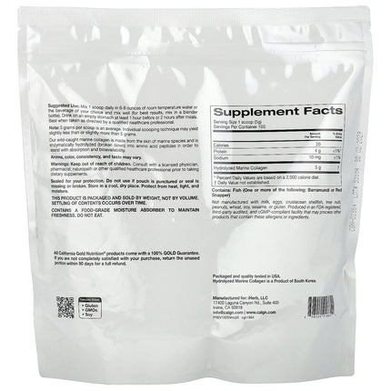California Gold Nutrition Hydrolysed Marine Collagen Peptides, Unflavoured - Back label with supplement facts and ingredients