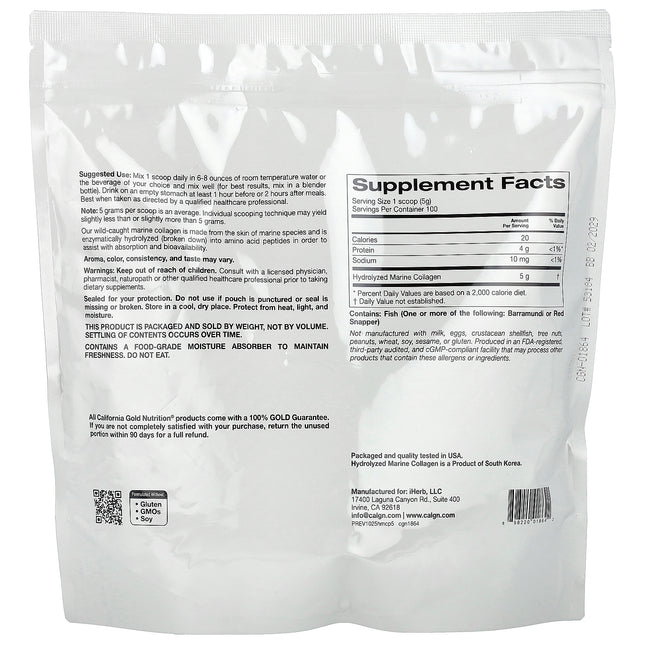 California Gold Nutrition Hydrolysed Marine Collagen Peptides, Unflavoured - Back label with supplement facts and ingredients