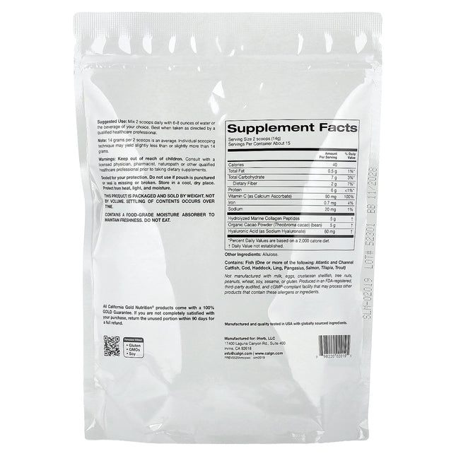 California Gold Nutrition Hydrolysed Marine Collagen Peptides with Cocoa - Back label with supplement facts and ingredients