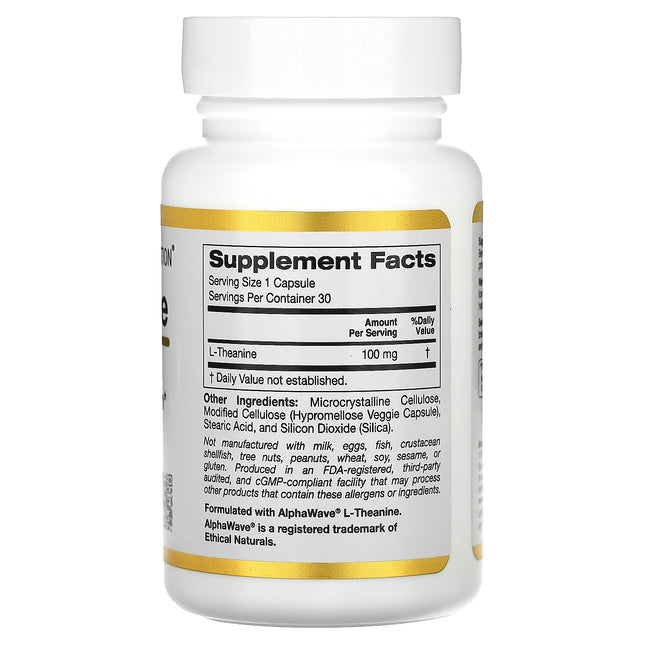 California Gold Nutrition L-Theanine, Featuring AlphaWave, 100 mg, 30 Veggie Capsules - supplement facts and ingredients label