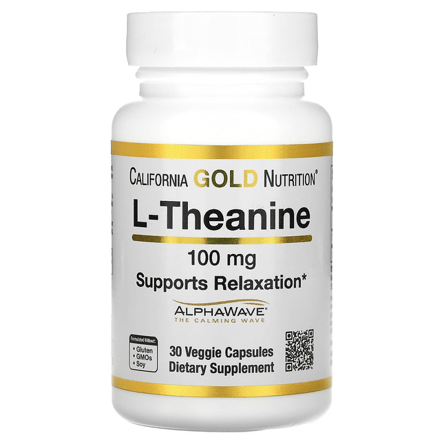 California Gold Nutrition L-Theanine, Featuring AlphaWave, 100 mg, 30 Veggie Capsules - product front