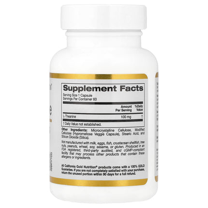 California Gold Nutrition L-Theanine, Featuring AlphaWave, 100 mg, 60 Veggie Capsules - supplement facts and ingredients label