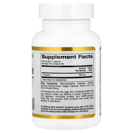 California Gold Nutrition L-Theanine, Featuring AlphaWave, 200 mg, 60 Veg Capsules - supplement facts and ingredients label