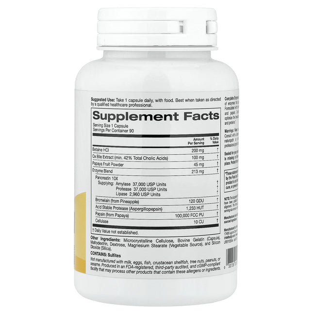 California Gold Nutrition SimplyOne Complete Enzymes bottle back label with supplement facts and ingredients