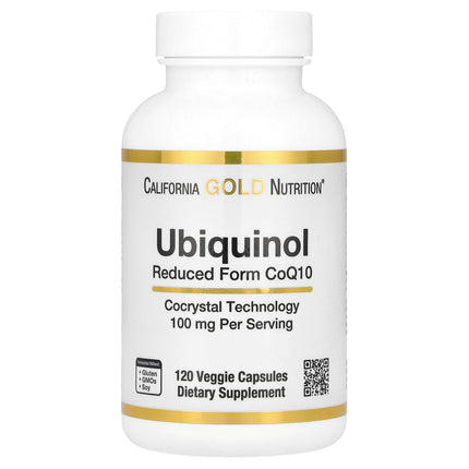 California Gold Nutrition Ubiquinol Reduced Form CoQ10 100 mg vegan capsules bottle front, 120 veggie capsules