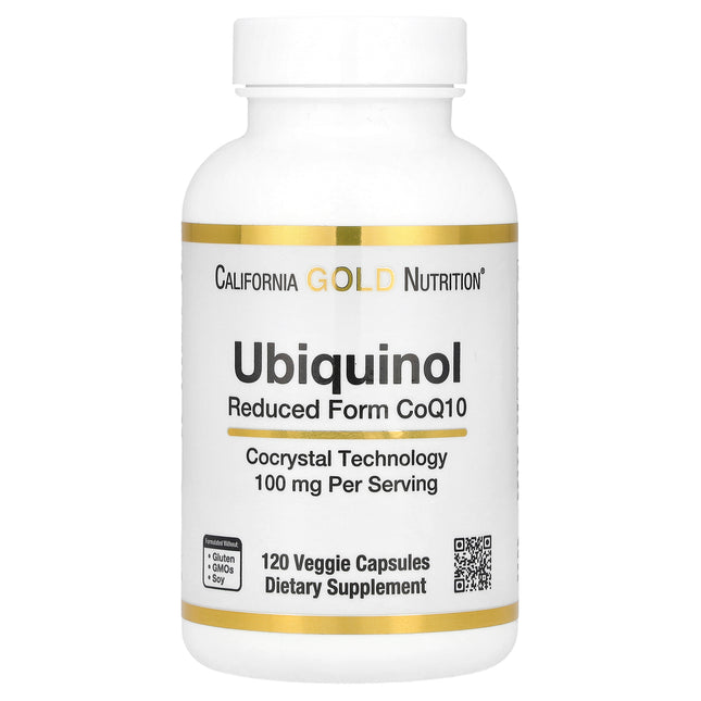 California Gold Nutrition Ubiquinol Reduced Form CoQ10 100 mg vegan capsules bottle front, 120 veggie capsules