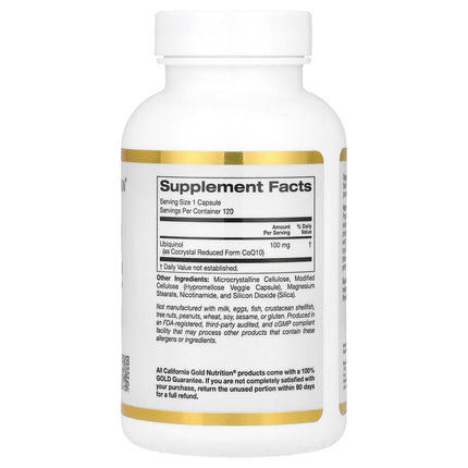 California Gold Nutrition vegan ubiquinol 100 mg bottle showing supplement facts and ingredients