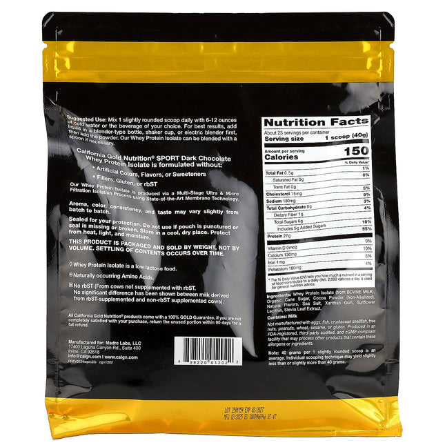 California Gold Nutrition Whey Protein Isolate Dark Chocolate 907g - Nutrition Facts and Ingredients