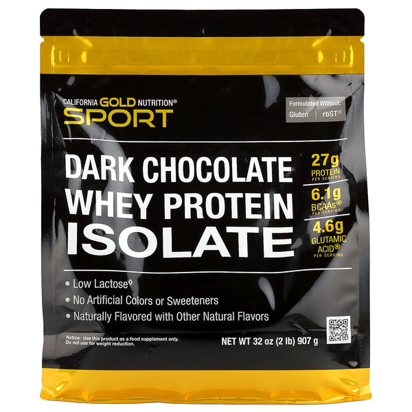California Gold Nutrition Sport Whey Protein Isolate Dark Chocolate 2 lb (907 g) pouch with 27 g protein per serve