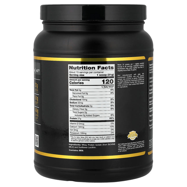 California Gold Nutrition Whey Protein Isolate Unflavoured 454g - Nutrition Facts and Ingredients