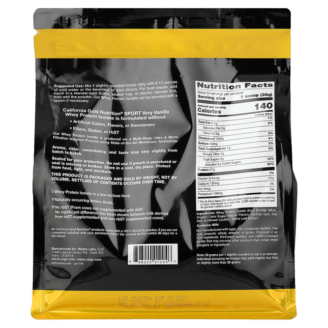 California Gold Nutrition Whey Protein Isolate Very Vanilla 907g - Nutrition Facts and Ingredients