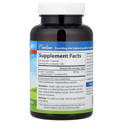 Carlson Acetyl-L-Carnitine, 500 mg 120 Vegetarian Capsules - back label with supplement facts and ingredients