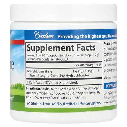 Carlson Acetyl L-Carnitine Powder 100 g - back label with supplement facts and ingredients