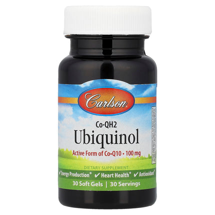 Carlson CoQH2 Ubiquinol 100 mg bottle front, 30 soft gels