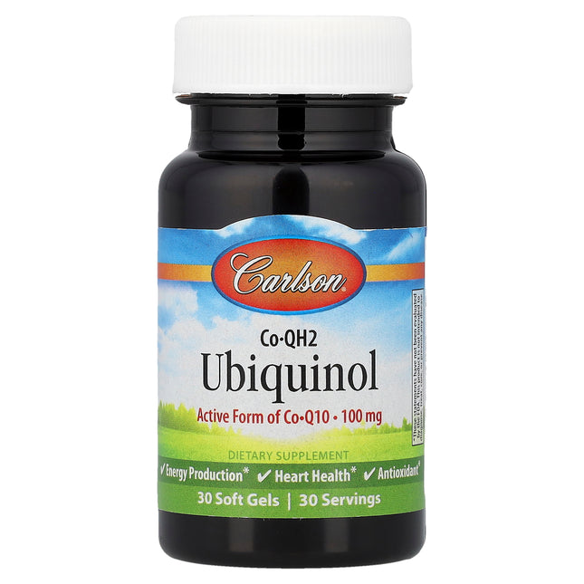 Carlson CoQH2 Ubiquinol 100 mg bottle front, 30 soft gels