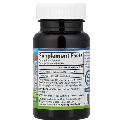 Carlson CoQH2 ubiquinol 100 mg 30 soft gel bottle showing supplement facts and ingredients