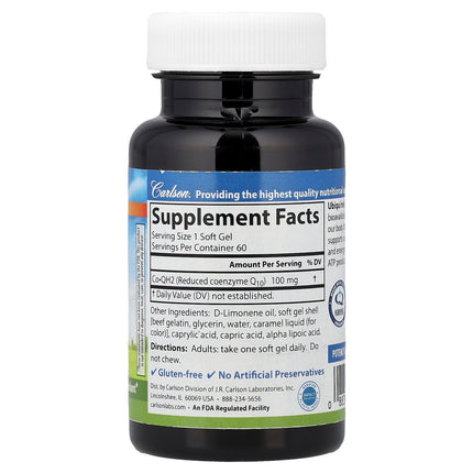 Carlson CoQH2 ubiquinol 100 mg 60 soft gel bottle showing supplement facts and ingredients